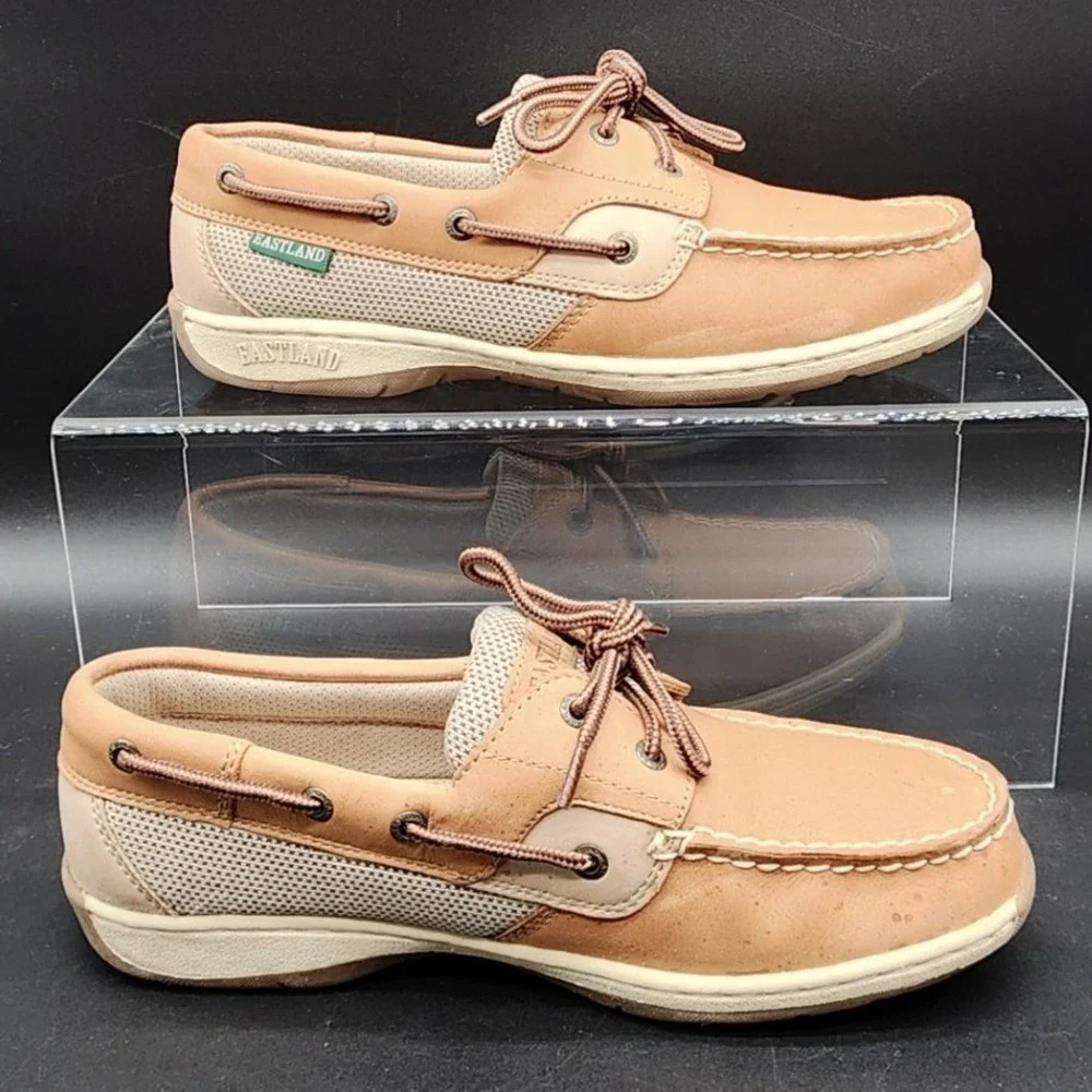 Eastland 7.5M Tan Leather Solstice Boat Shoes Mesh Loafers Preppy Nautical Shoe